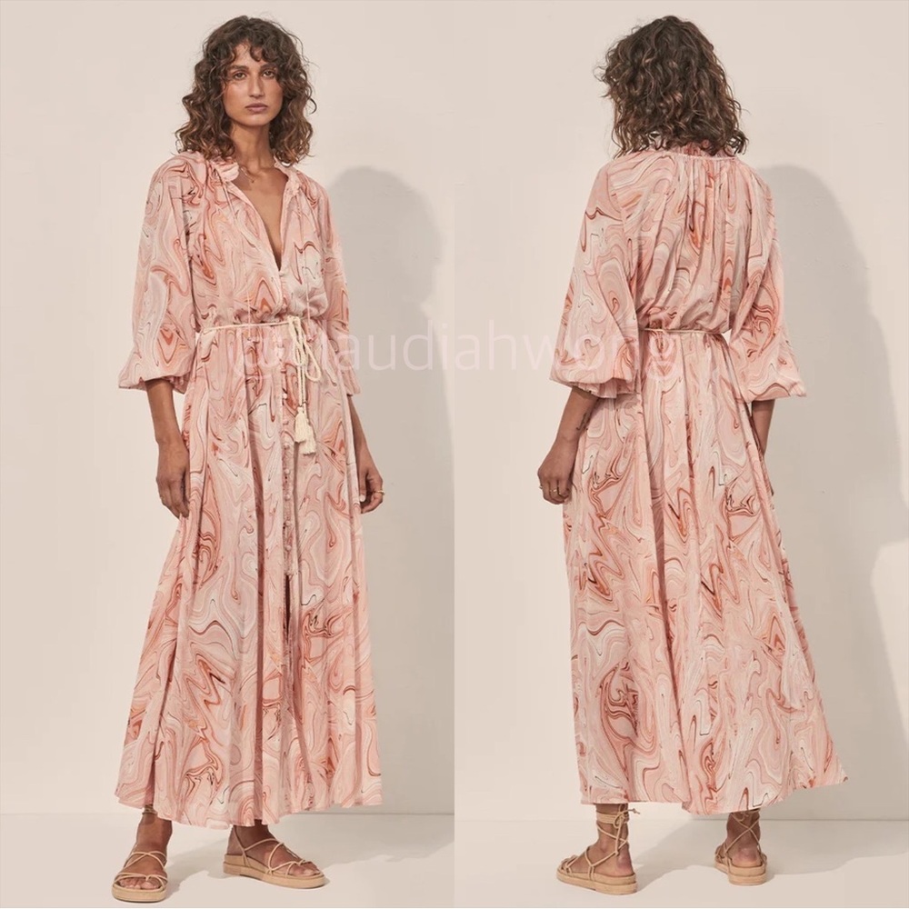 KIVARI Ruby Long Sleeve Maxi Dress in Pink Marble Print